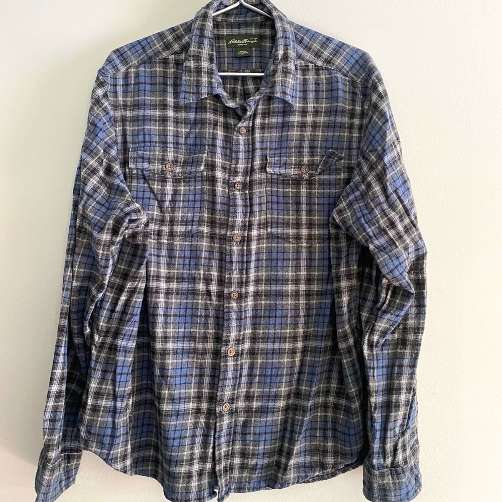 Eddie Bauer Plaid Gray and Blue button up flannel